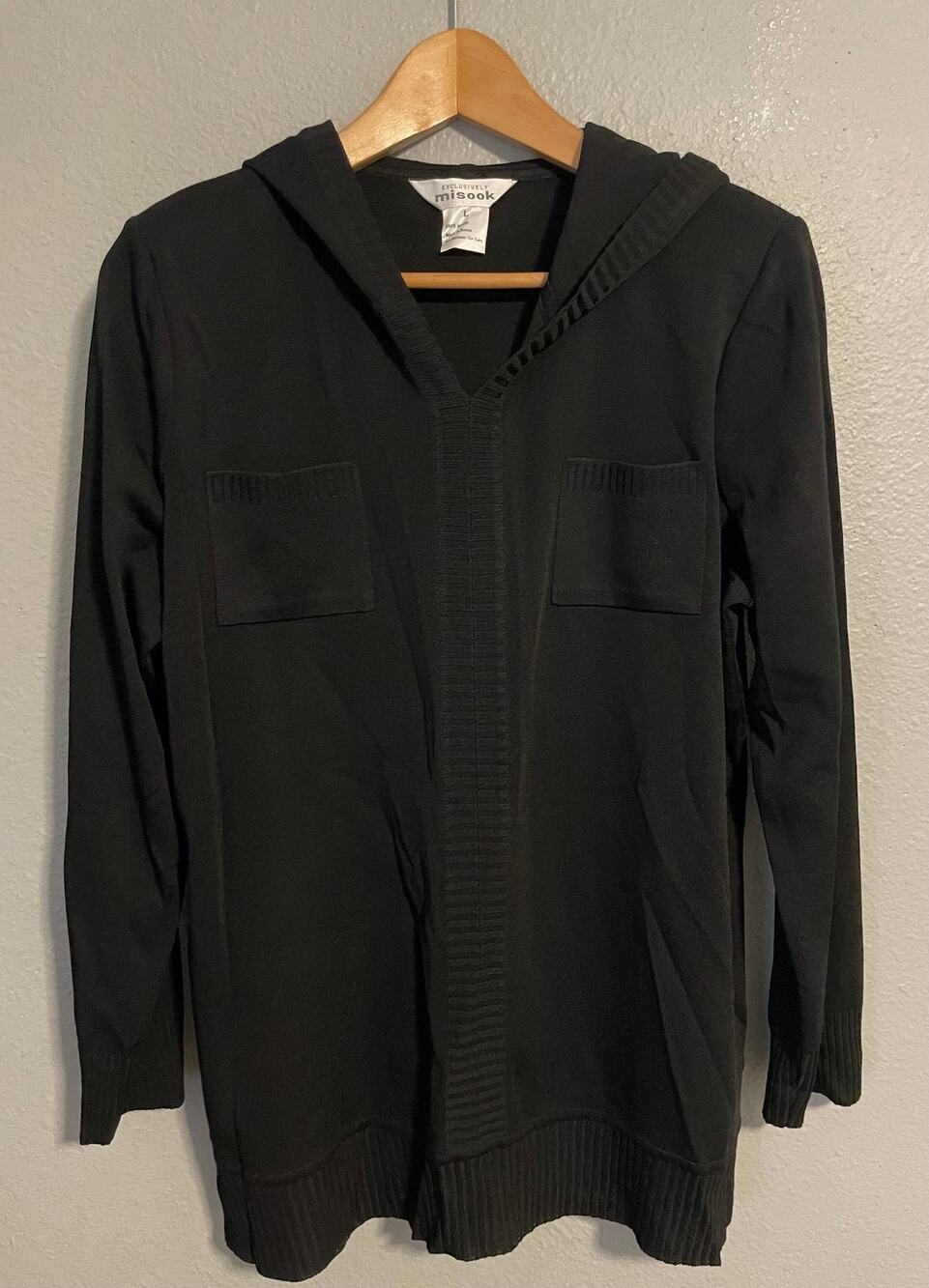 Exclusively Misook Womens Tunic Size Large Black Knit Hooded Pullover Neutral